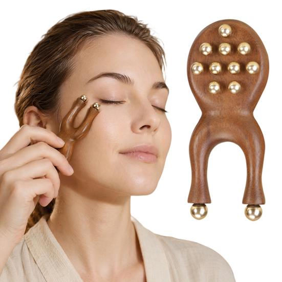Sandalwood Facial Massage Roller with 12 Brass Beads Y-Shaped Ergonomic Gua Sha Tool