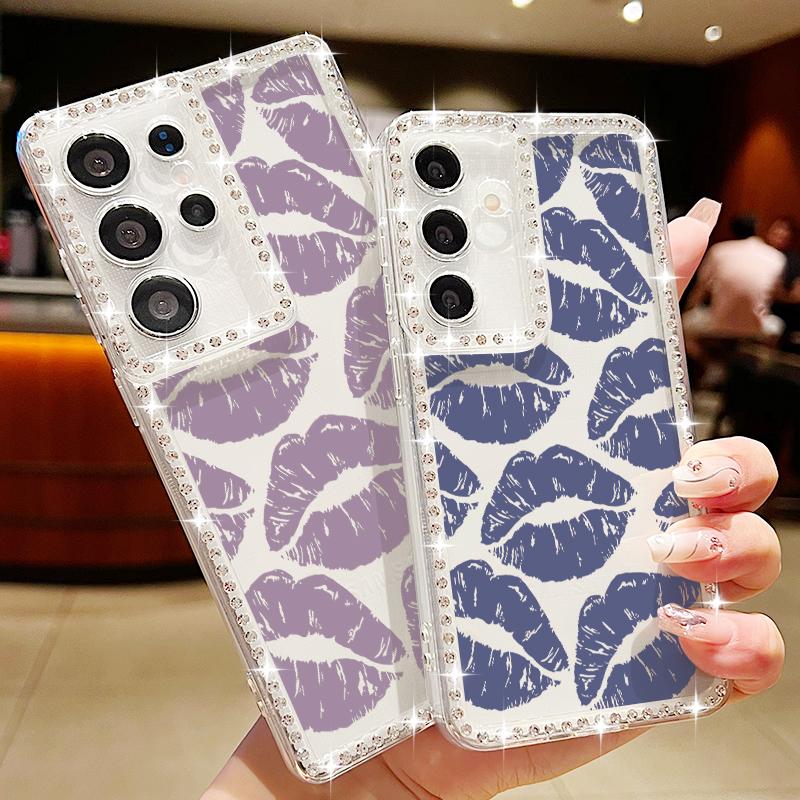 Diamond Frame Lips Print Soft Silicone Case For Samsung S25 Edge S24 FE S23 Ultra S22 A16 A56 A36 A15 A55 A35 Clear Shockproof Phone Cover