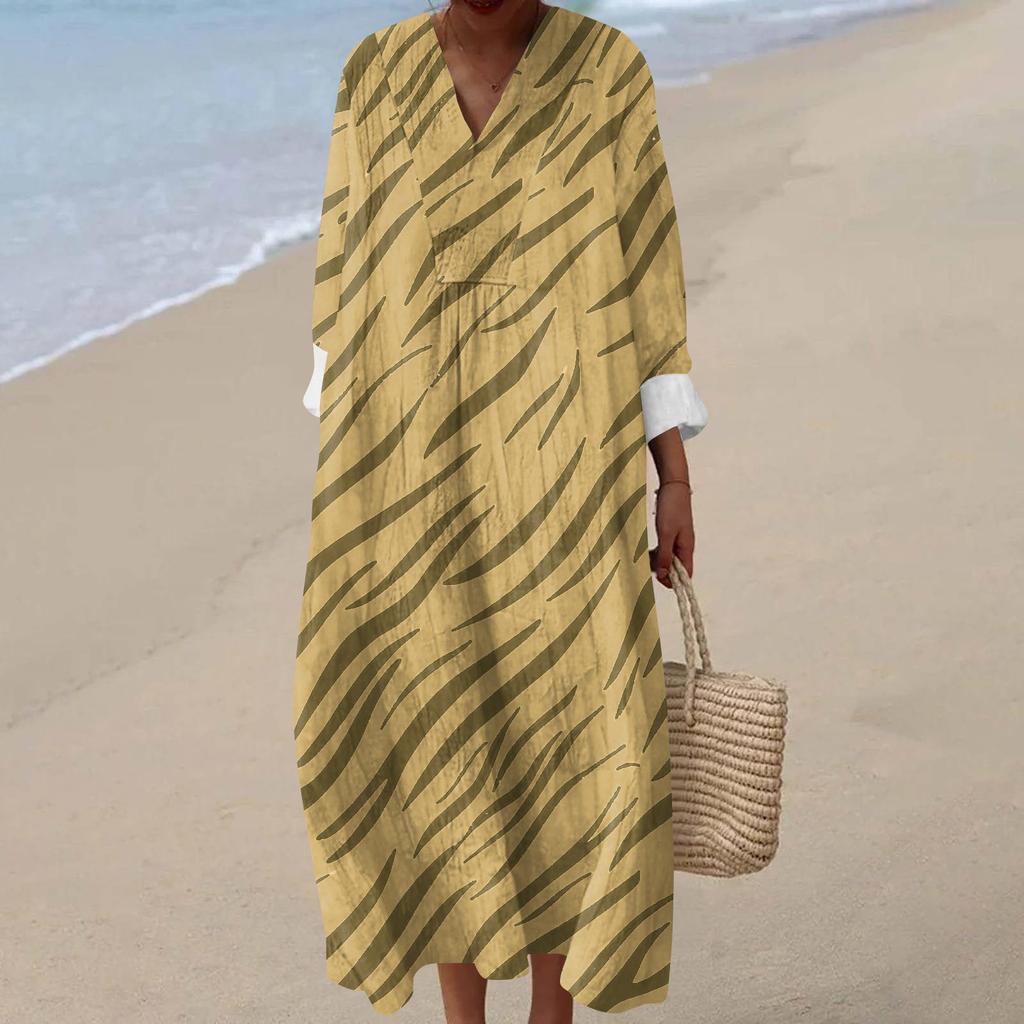 Women's Casual Fashion V-Neck Long Sleeve Floral Print Maxi Dress