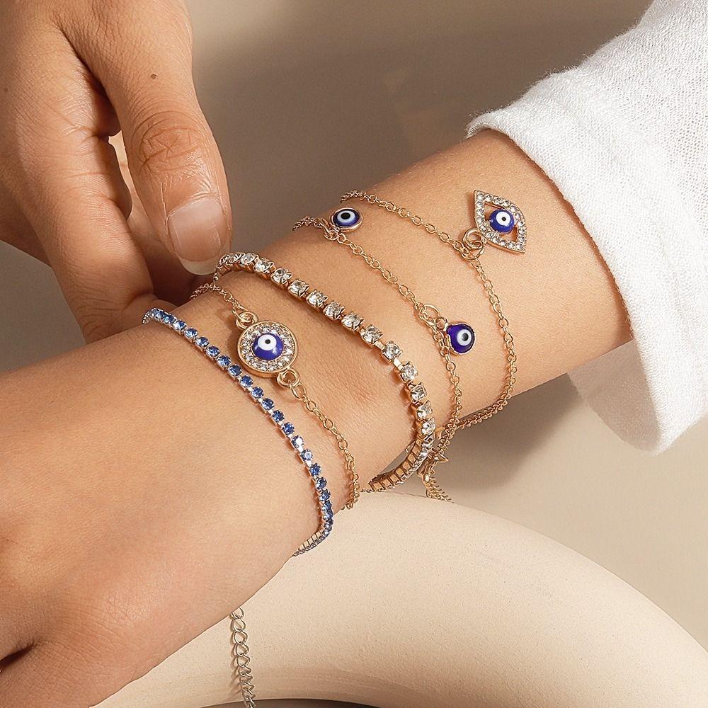 Vintage Demon's Eye Bracelet Silver Resin Bead Handchain Crystal Bracelet Set  Decoration