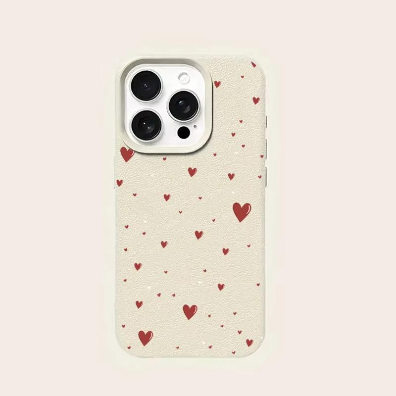 Cute Love Heart Pattern Lychee Texture Phone Case For iPhone 11 12 13 14 15 16 17 Pro Max 14 15 Plus 17Air Shockproof Soft Cover