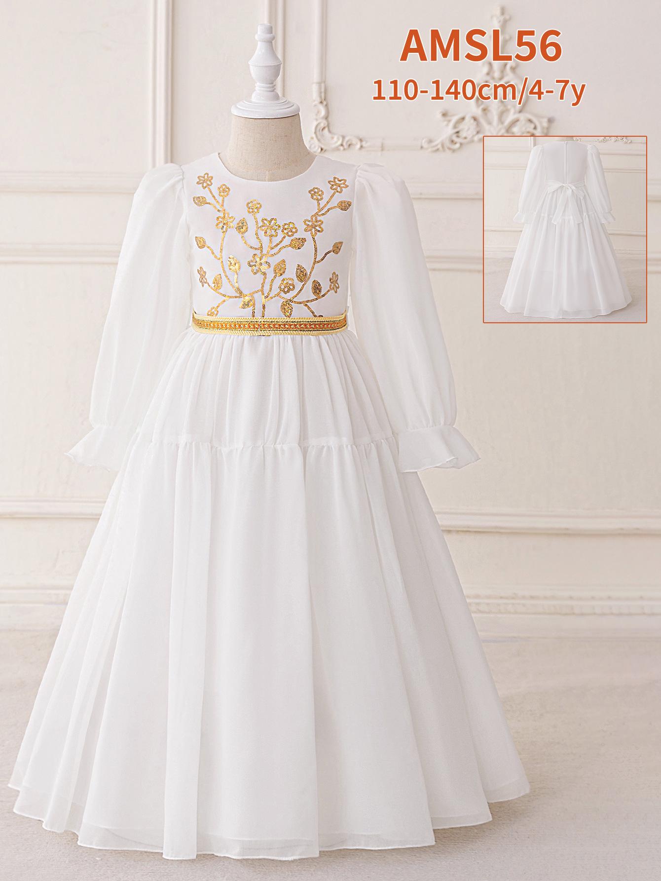 

Мусульманское вечернее платье в ближневосточном стиле - Белое сетчатое с длинным рукавом, вышитое платье принцессы 120cm