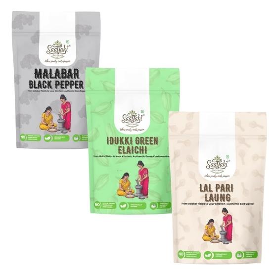 

Saatyaki Naturals Combo Pack of 3 - Elaichi + Laung + Black Pepper 50gm Each| Green Cardamom, Cloves & Kali Mirch for Cooking, Chai Masala, Kadha