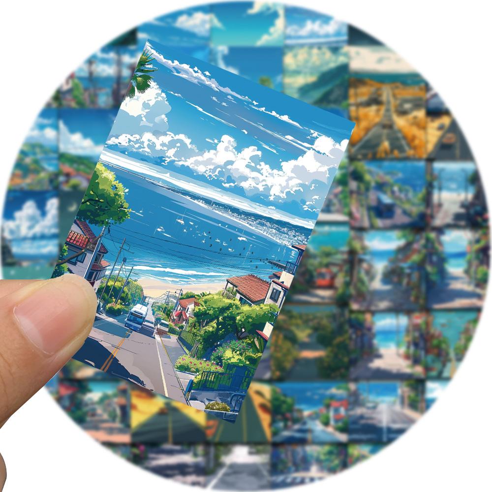 50PCS The road leading to the sea Sticker Original Fun Square Notebook Laptop Luggage Cafe Cartoon Waterproof Phone Stickers