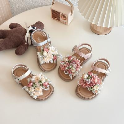 Girls Sandals Sweet Flowers Ins Trendy Children Princess Shoes Elegant Cute 2025 Summer New Kids Beach Shoes Soft Sole Non-slip