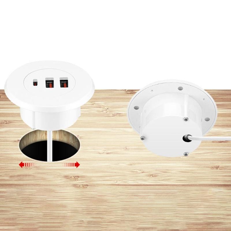 USB Desk Grommet Hole Charging Hub with Two USB & Type C Port Round Embedded USB Adapter for Office Use