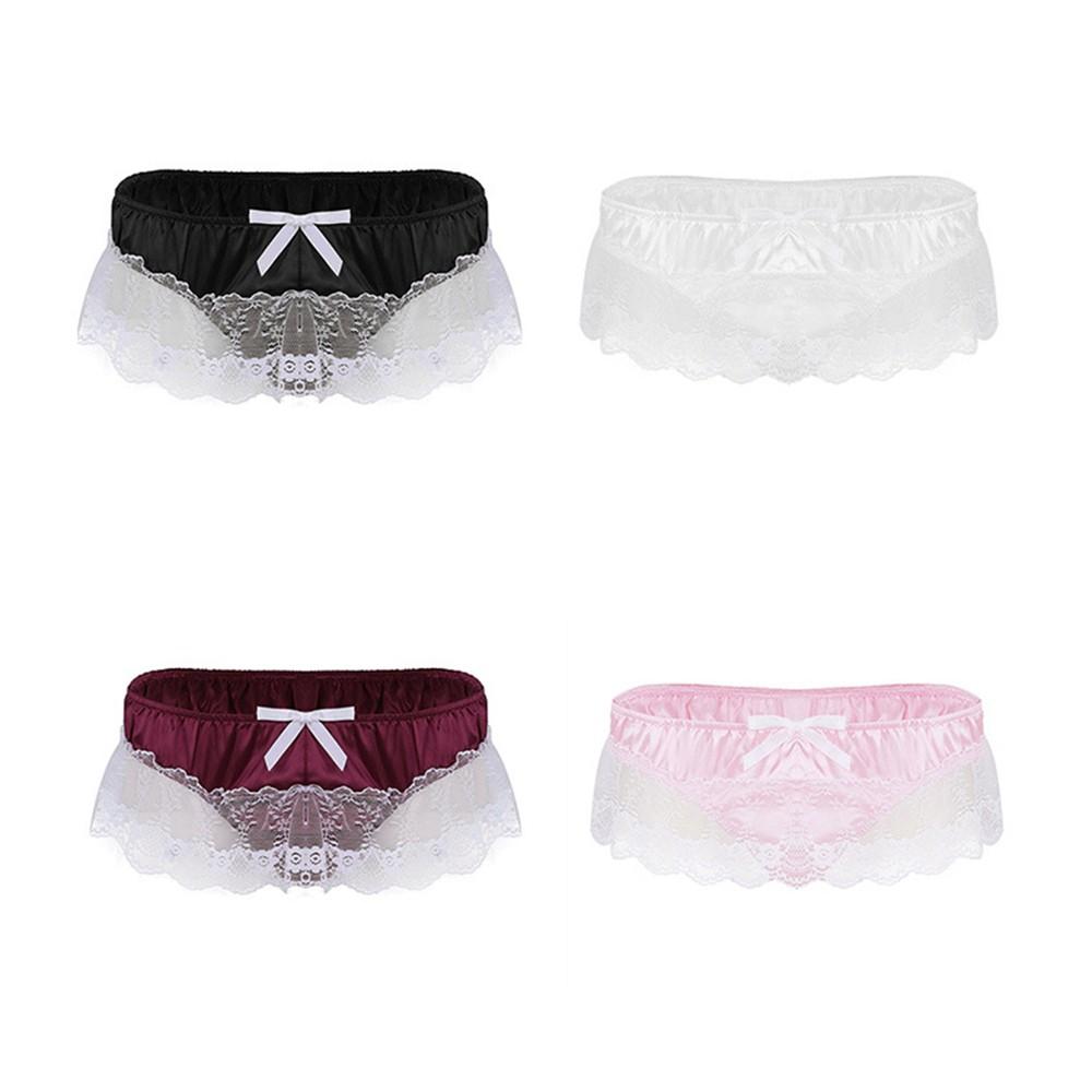 Men Sissy Lace See Through Panties Sexy Satin Thong Briefs Underwear