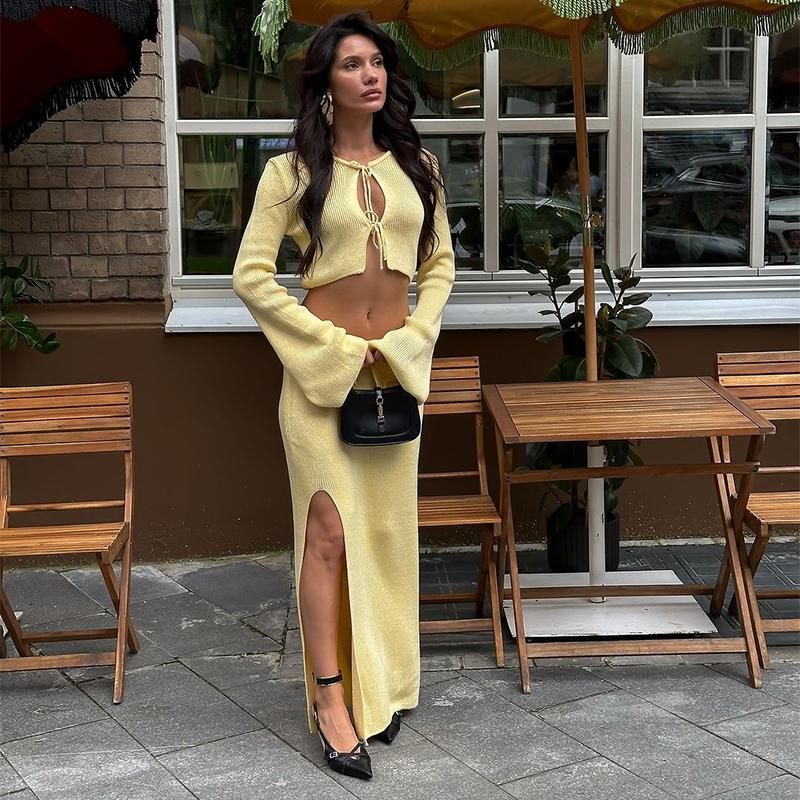 Slim Lace Up Knitted Top Skirts Set Women O-neck Flare Sleeve Hollow Out Crop Tops High Waist Split Skirt Spring Autumn Casual Outfits