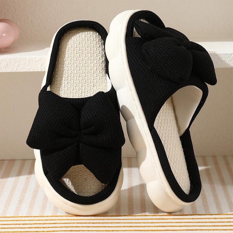 New Cotton and Linen Slippers Women's Large Size Bow Solid Color Home Floor Open Toe Linen Mop