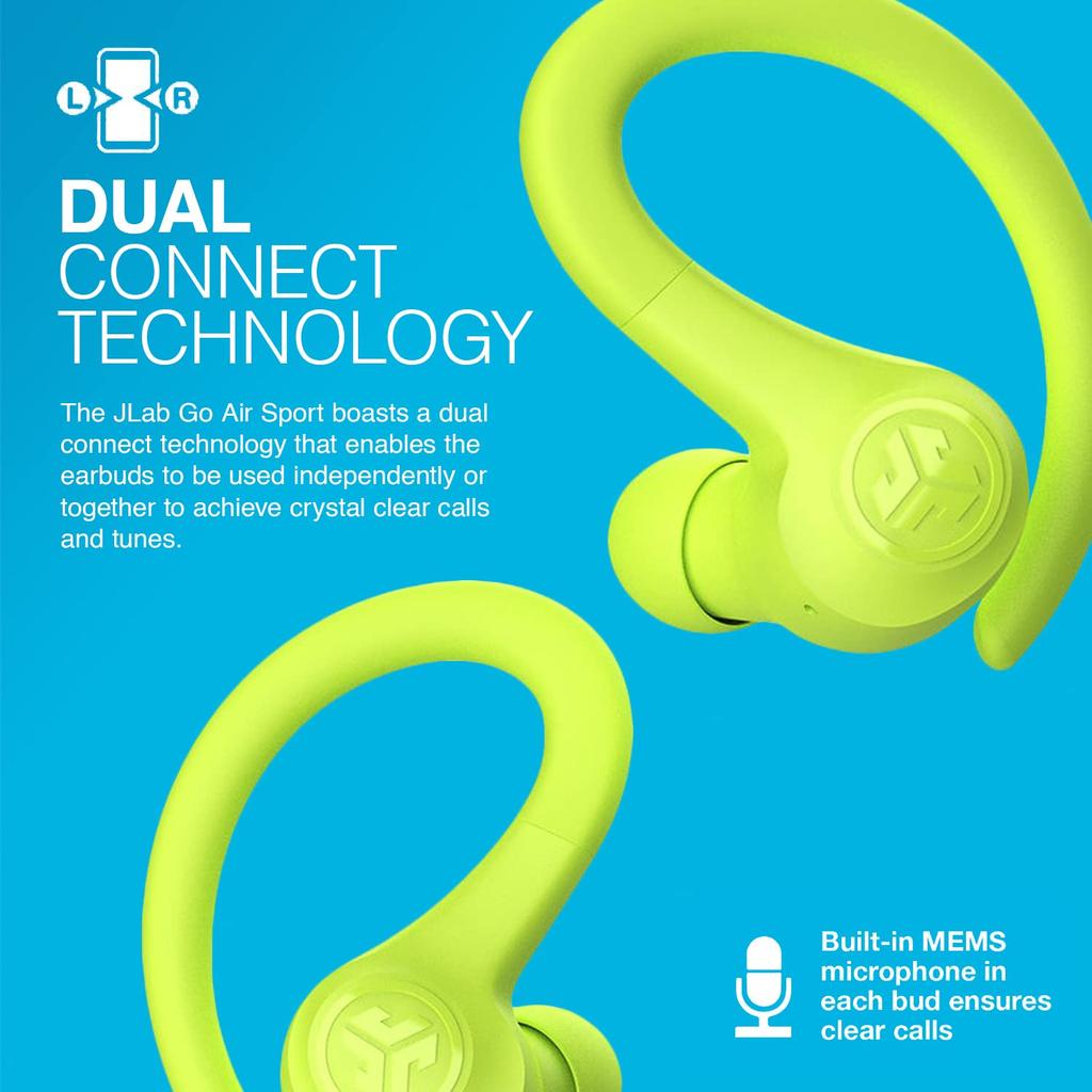 Official JLab Go Air Sport Wireless and for and the with Compatible with iPhone and Single 32 Hours of Earhook Official JLab Yellow Earbuds,