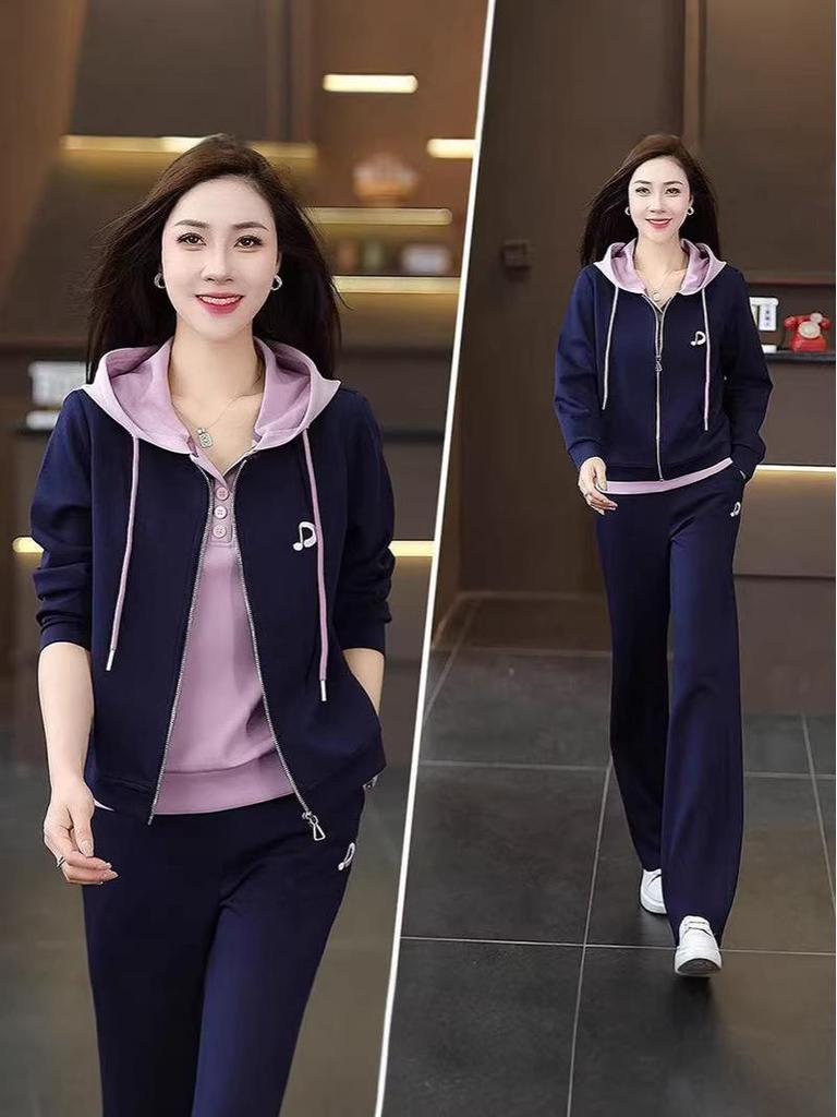 Women's Plus Size Hooded Sportswear Set - Spring/Autumn, Stylish, Youthful Fake Two-Piece, Loose, Fashionable Sweatshirt Two-Piece