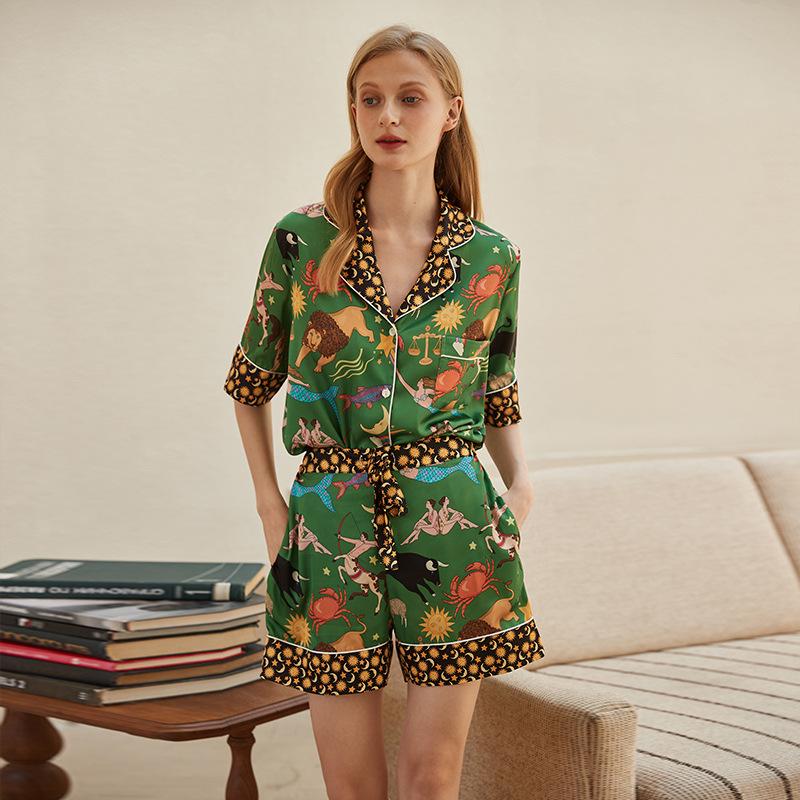 [Green constellation] Ice silk pajamas women s summer thin short-sleeved shorts sleepwear S