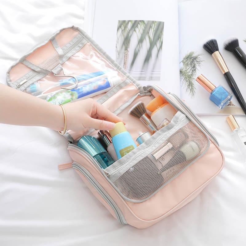 

Portable Waterproof Makeup Bag Travel Cosmetics Toiletries Carrying Bag with Hanging Hook Pink