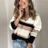 Fashion Women Casual Stripes V-Neck Patchwork Long Sleeves Sweater Blouse Tops