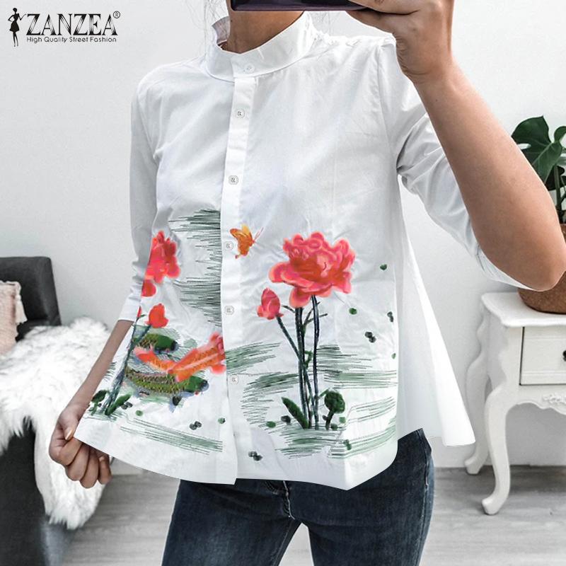 

ZANZEA Женская повседневная свободная блузка трапециевидной формы с воротником-стойкой и рукавами 3/4