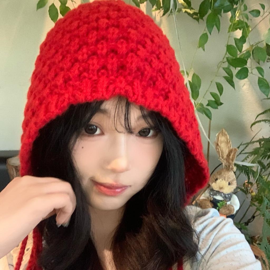 Autumn and Winter Warm Wool Hat Hand Knitted Hollow Head Hat for Women's Ethnic Style Tassel Ear Protection Head Knit Hat