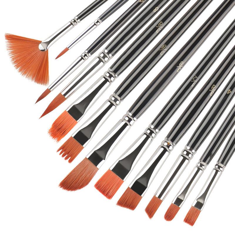 12-Piece Mixed Style Black Handle Brush Set: Short, Nylon Bristle Brushes for Watercolor, Gouache & Oil Painting