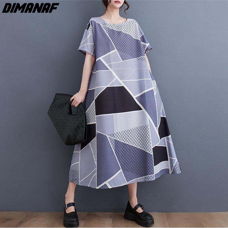 

DIMANAF 2023 Летнее длинное платье больших размеров Женское свободное повседневное платье с модным принтом Тонкие карманы с О-образным вырезом