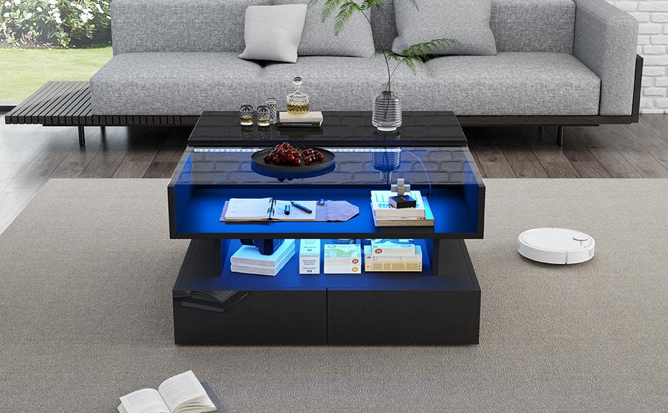 80*80*45cm Height-Adjustable Coffee Table with Hidden Storage and 2 Drawers, LED Lights, High-Gloss, Made of Tempered Glass, Black