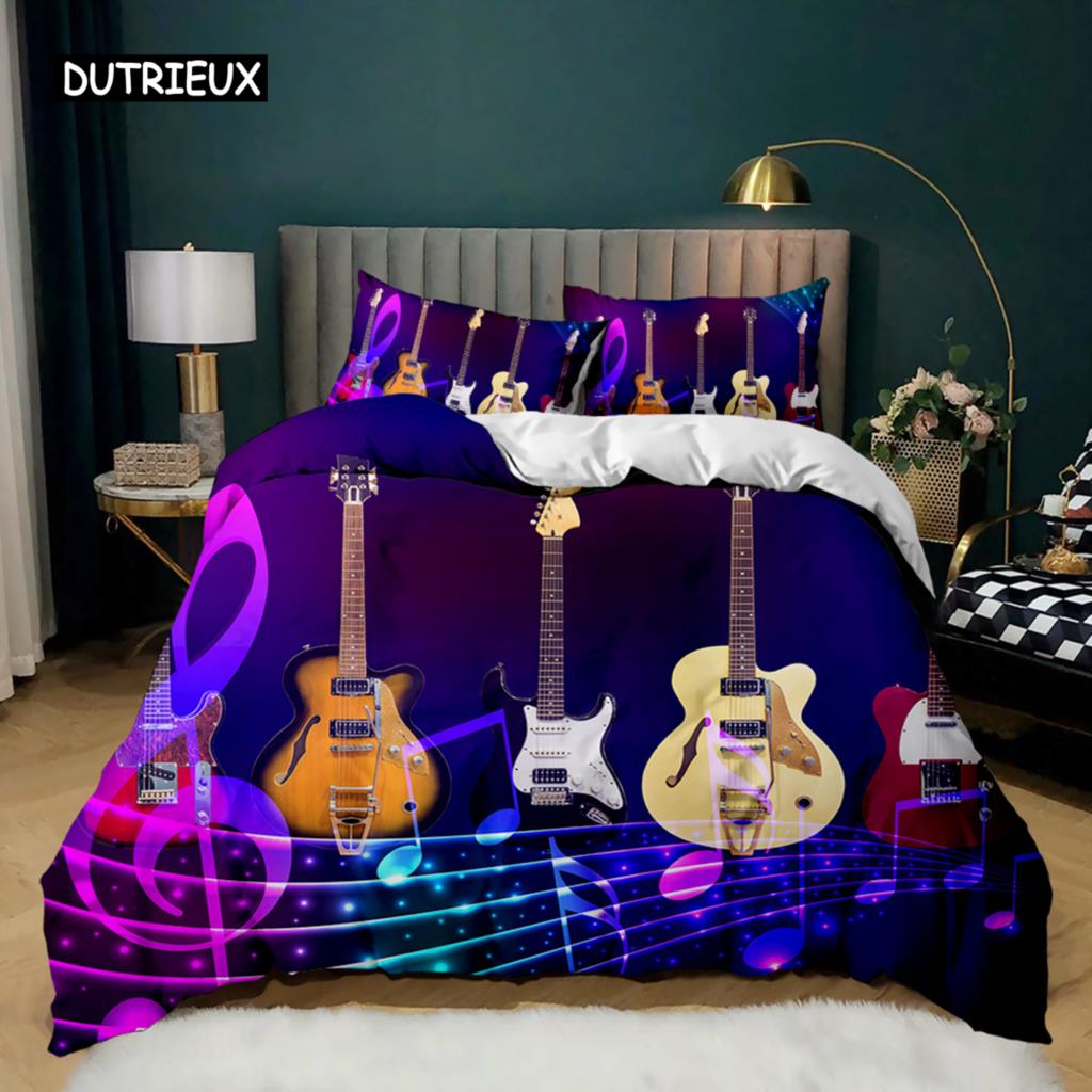 Guitar Duvet Cover Set Electric Guitar In Burning Musical Creativity Concept Music Double Queen King Size Polyester Qulit Cover