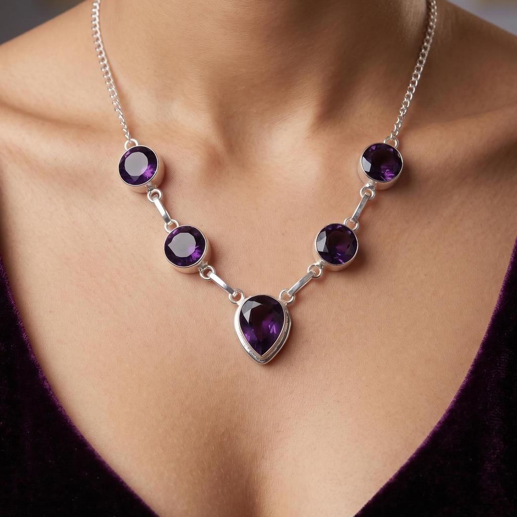 Natural Amethyst Gemstone 925 Sterling Silver Handmade Women Jewelry Designer Necklace 16-18" For Gift RN-3-6