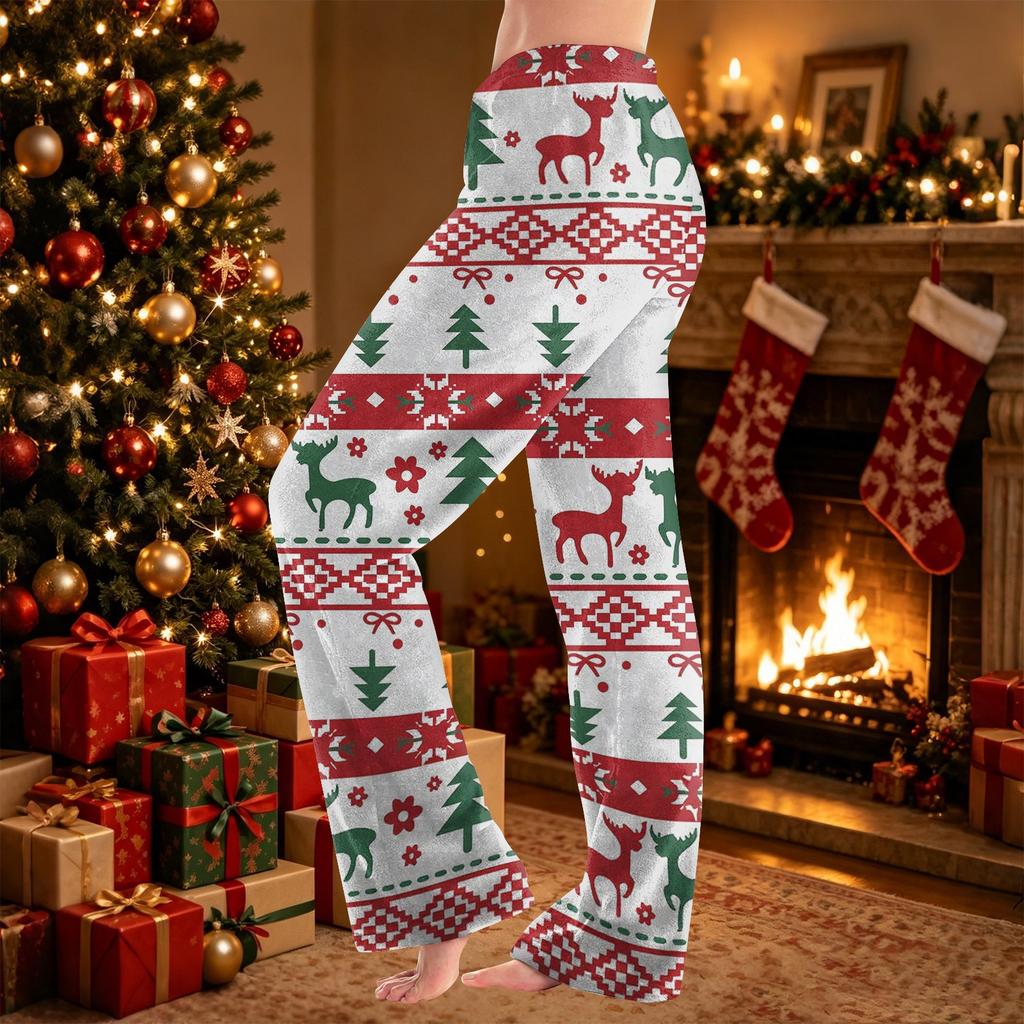 Women's Christmas Print Pants Casual Plush Pajama Bottoms for Holiday Lounging