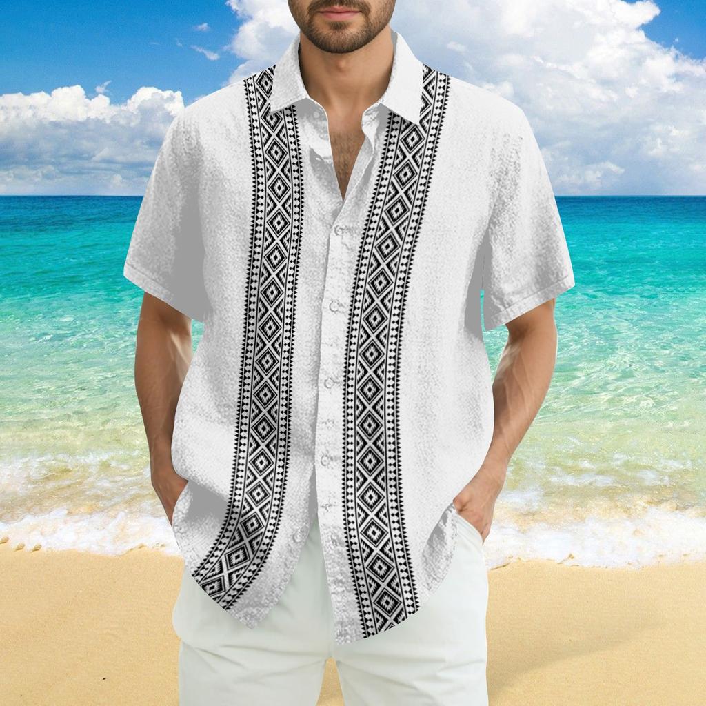 Men's Fashionable Casual Loose Striped Printed Beach Short-sleeved Shirt
