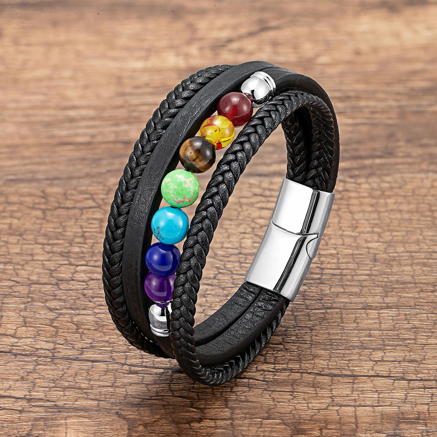 

7 Чакр Натуральний Камінь Ручної Роботи Плетений Шкіряний Браслет Чоловічий Жіночий Барвистий Рейкі Зцілення Намистини Шарм Браслет 23cm