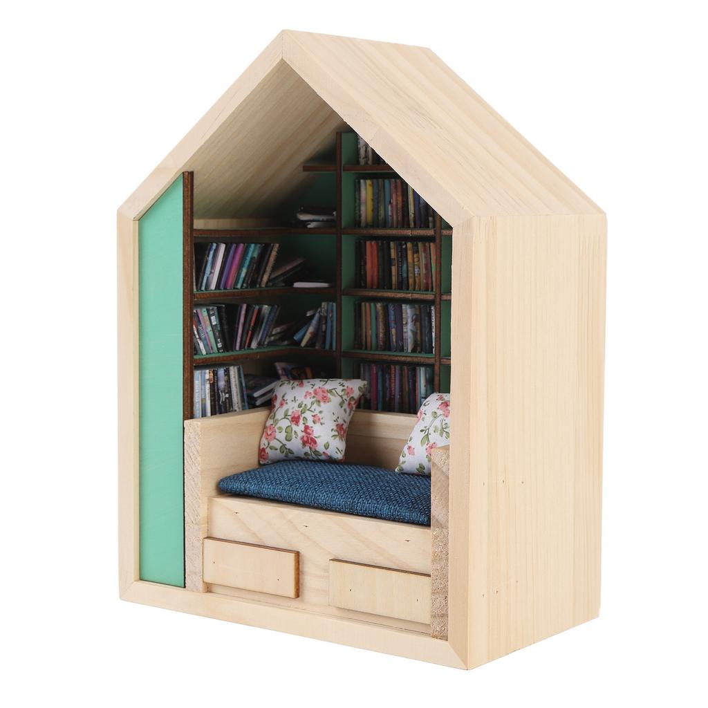 Miniatur-Bücherregal Handgefertigtes Holzhausmodell mit kleinen Kissen Lustiges Mini-Bücherregal Ornament zur Schreibtischdekoration