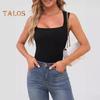 Women Summer Vest Square Collar Wide Shoulder Strap Sleeveless Tank Tops Solid Color Slim Fit Ribbed Camisole
