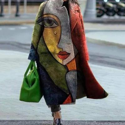 Cappotto leggero da donna con revers, cappotto lungo taglia forte, ampio a maniche lunghe stampato antivento casual da pendolare, giacca cardigan autunno e inverno