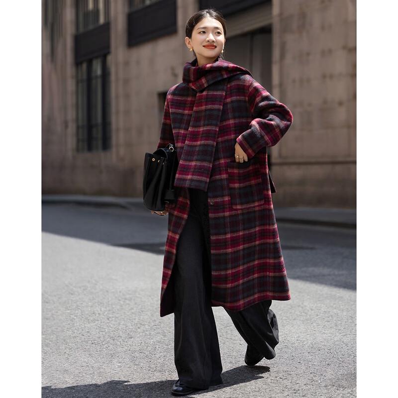 Demana Women's Plaid Double-Sided Wool Blend Winter Coat with Tassel Scarf