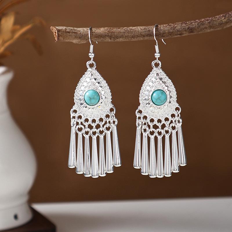 Ethnic Miao Silver Tassel Earrings - Retro Long Dangle Scenic Studs for Women