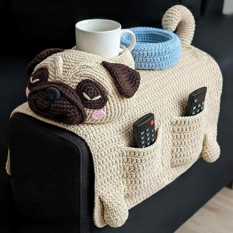 Borsa Portaoggetti a Forma di Divano per Cani all'Uncinetto, Decorazione Portaoggetti da Bracciolo per Divano Intrecciato per Animali Domestici, Con 2 Tasche e Un Portabicchieri