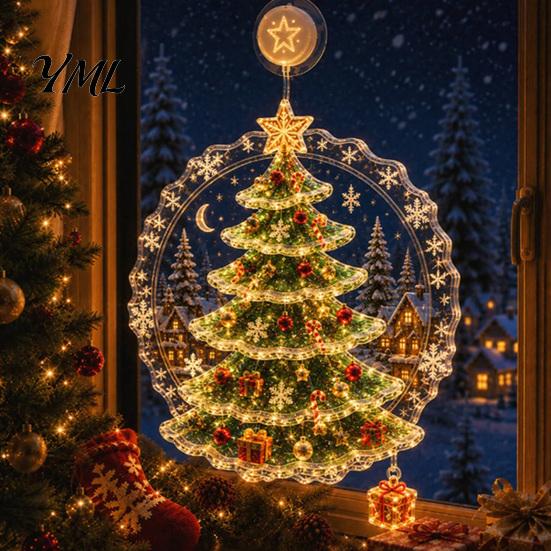 Battery Operated LED Light Christmas Suction Cup Window Light, 7.8-Inch Double-Layer Warm Tree Powered Hanging for Holiday Glass Windows, Doors