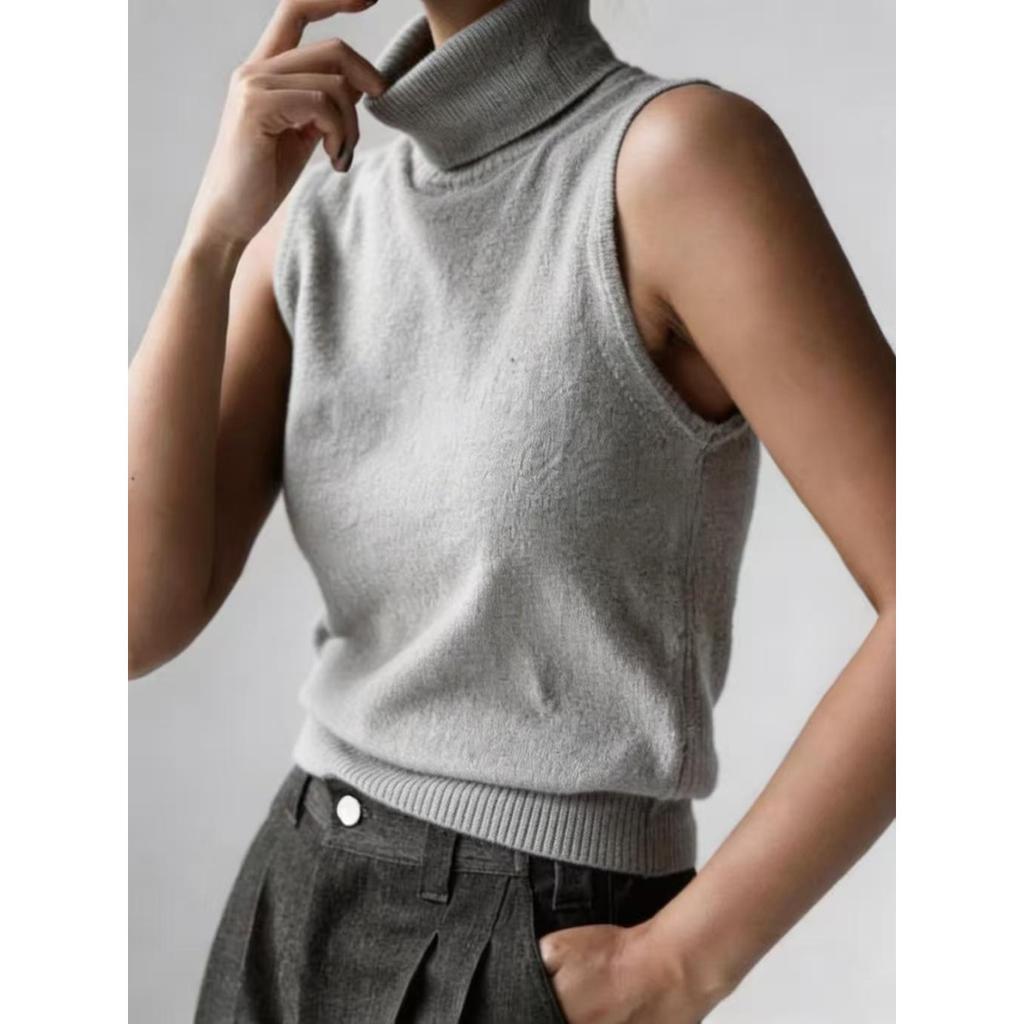 Fall New Women's Sleeveless Knit Tank Top, Simple High Neck Knit Vest Top for Women, European & American Style