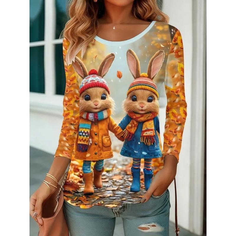 Autumn and Winter Women's Animal 3D Printed Crew Neck Long Sleeve T-Shirt
