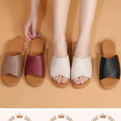 Brand Broken-size Leather Mother Slippers Women's New Summer 2024 Outer Wear Non-slip Beef Tendon Sole Soft Bottom Cool Slippers