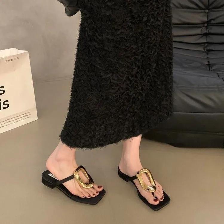 New Square Toe Open-toe Flip-flops Women's Solid Color Versatile Clip-toe Flat Metal Buckle Sandals Shoes for Women