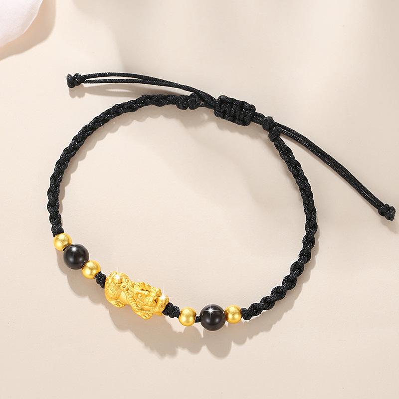 Pixiu 999 Silver Hetian Jade Bracelet with Black Agate - Unisex National Tide Court Style
