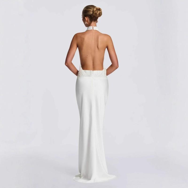 2025 Fall Womens Sleeveless Backless Sequin Cinched Waist Wrap Dress Bodycon Maxi In Navy White Coffee