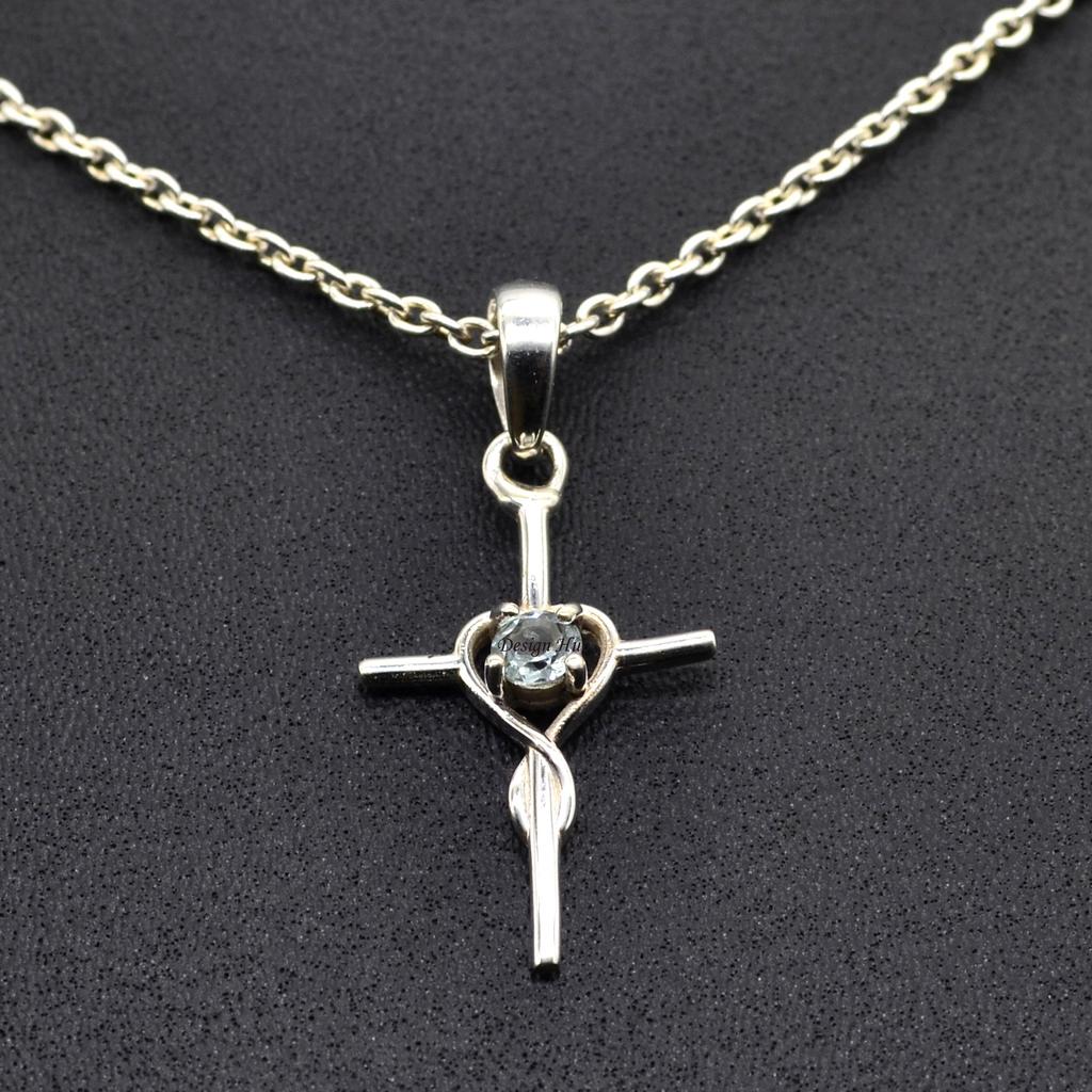 Collana con Ciondolo a Croce in Pietra Preziosa Topazio Azzurro Gioielli in Argento Sterling 925 Per Regalo di Natale