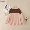 Damen Lässig Rundhals Locker Langarm Patchwork Bluse