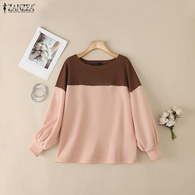 Damen Lässig Rundhals Locker Langarm Patchwork Bluse