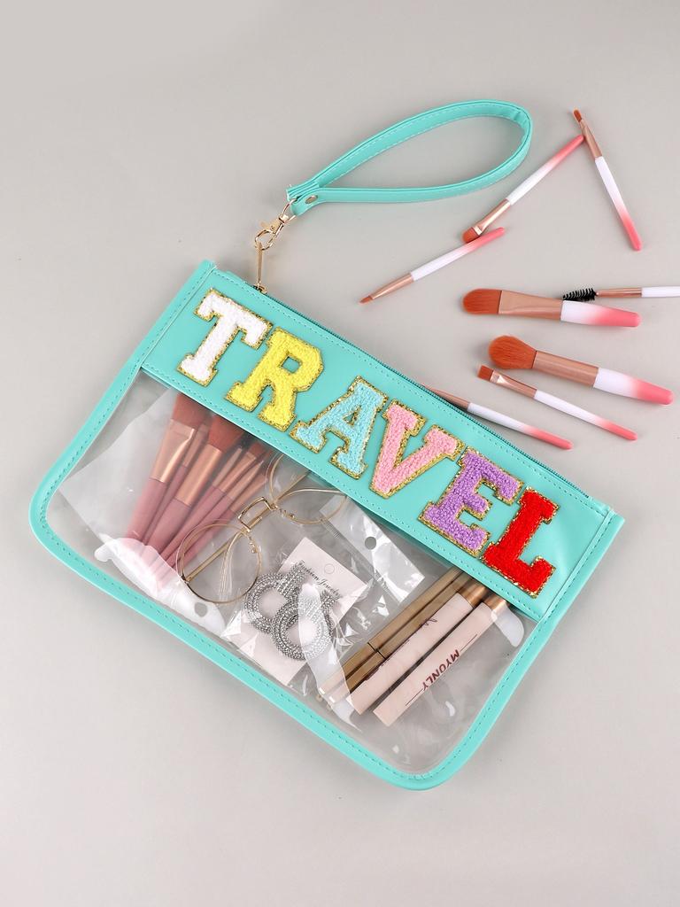 Transparent Letter Makeup Bag Large Capacity Storage Bag PVC Waterproof Cosmetic Bag Embroidery Splicing Household Storage