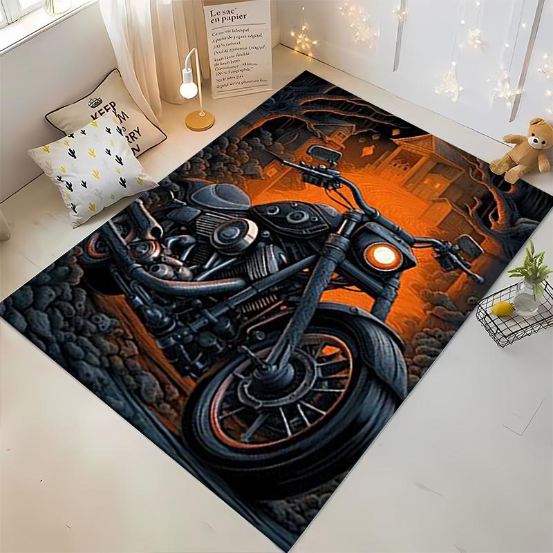 "Motorcycle Design Rug with Fiery Orange Background for Home Decor" Suitable for use as an anti-slip for living room bedroom sofas
