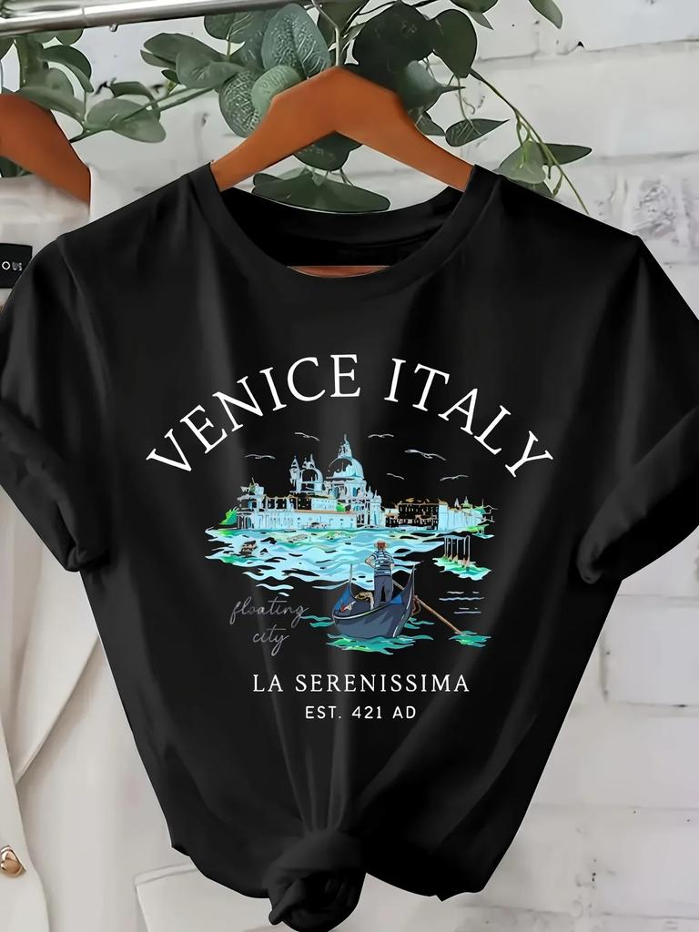 Venice Italy Graphic TShirt Casual Short Sleeve Polyester Knit Fabric with Round Neck Cartoon Print Venice Italy Region Tee