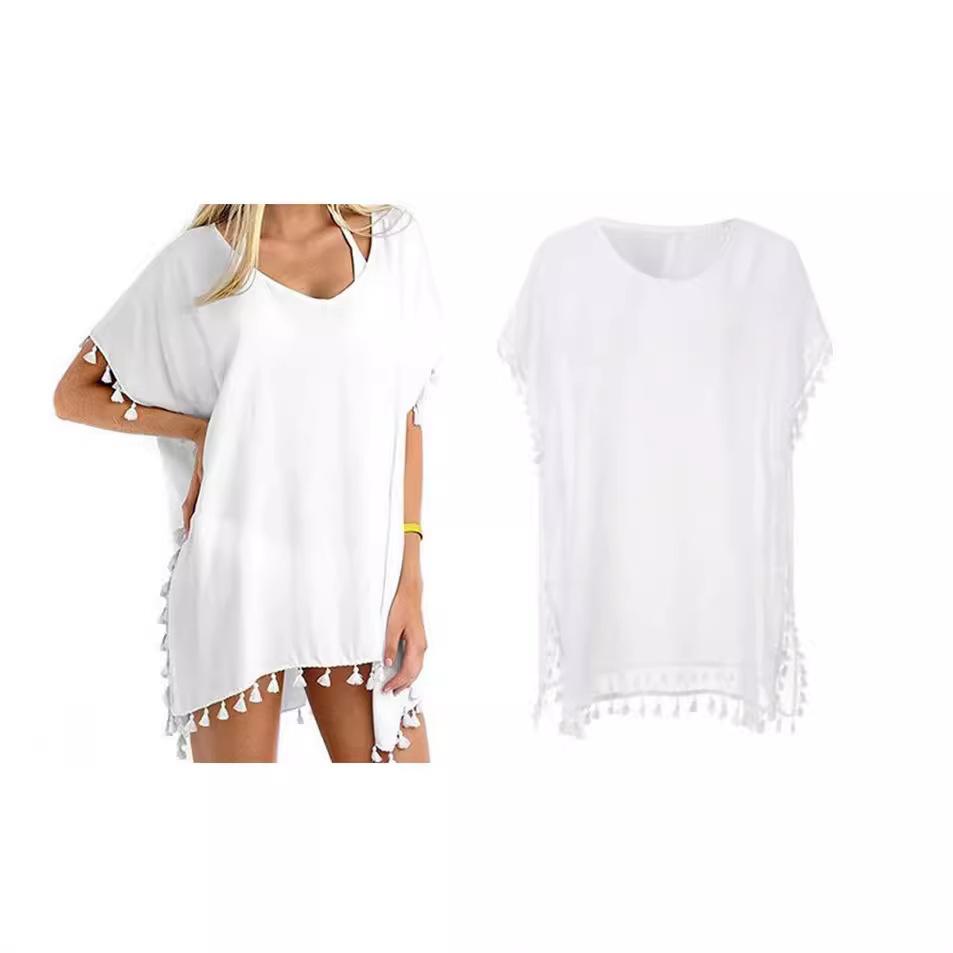 Women's Round-neck Loose Small Broom Fringed Chiffon Dress Beach Coverall Large Size Sexy in Stock