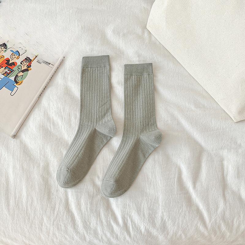 Female Summer Thin Simple Pure Color All Build Vertical Bar Wicking High Tube Cotton Socks