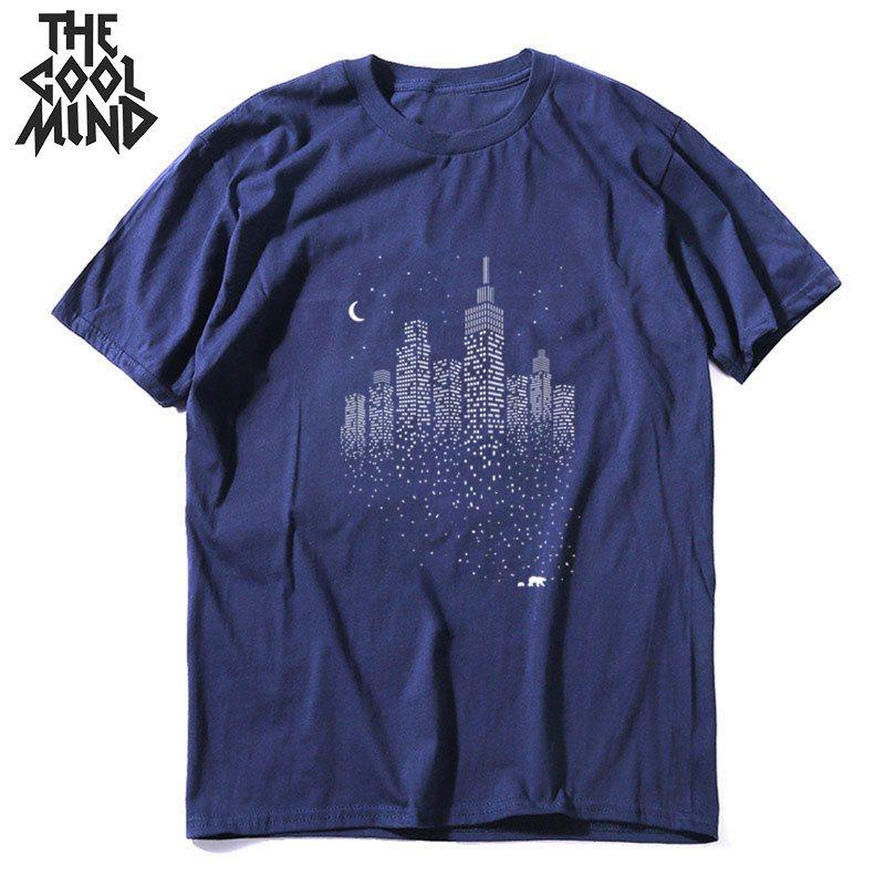 COOLMIND Short Sleeve 100% Cotton City Print Men Tshirt Loose Summer Men T Shirt Cool Print Tops Male Men Tee Shirts